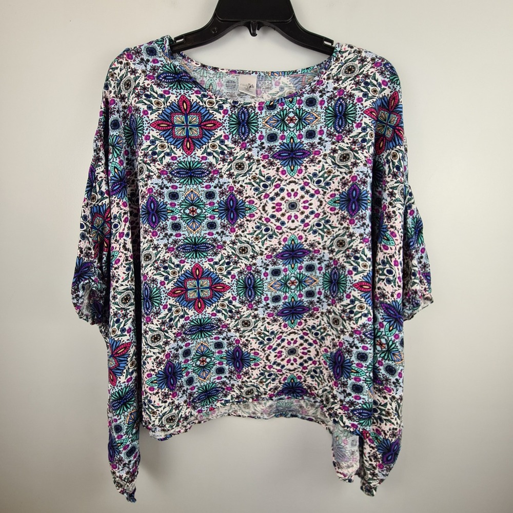 East5th Woman 0X Multicolor Geometric Floral Rayon Dolman Sleeve Blouse Top
